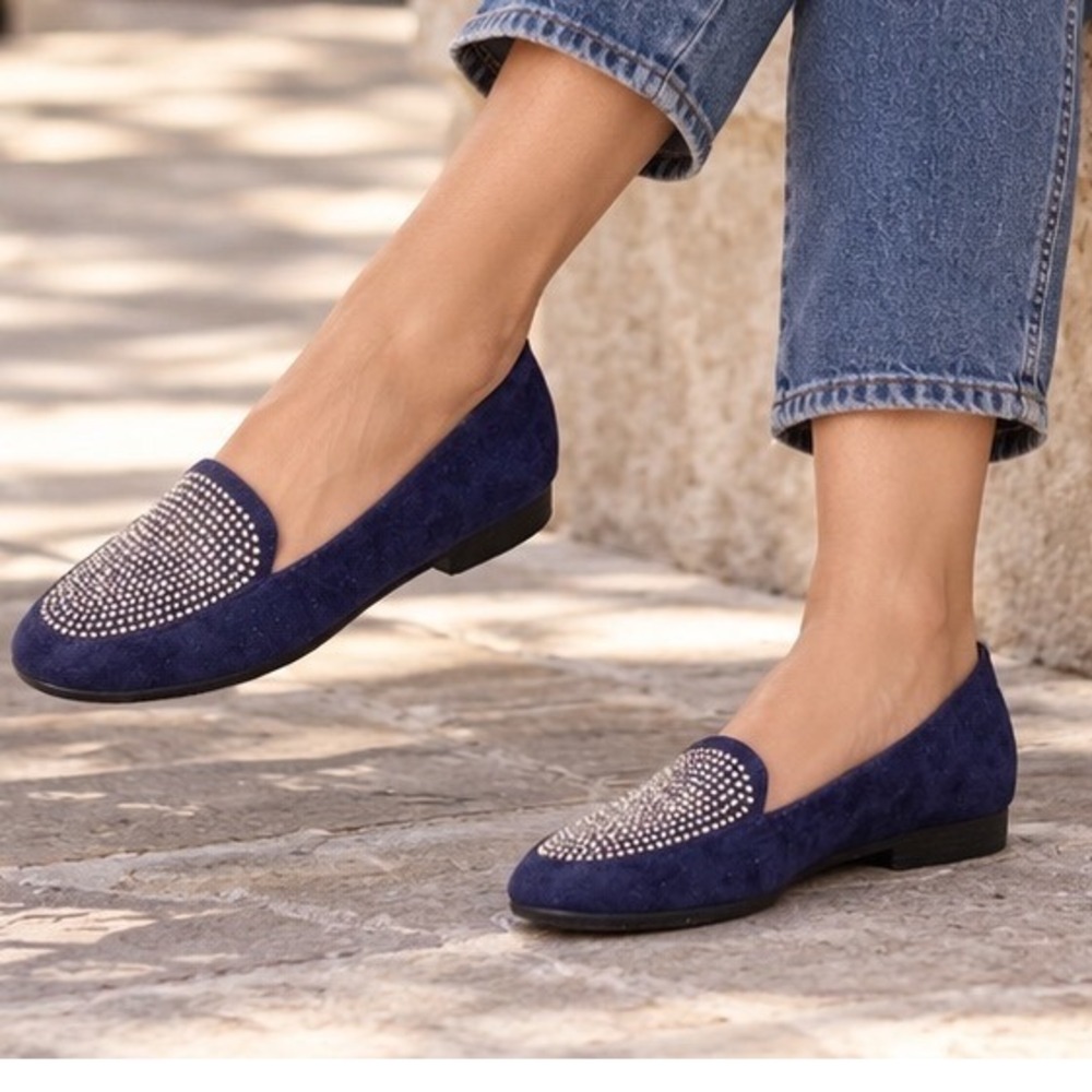 Angel Steps Womens Navy Blue Faux Suede Rhinestone Embellished Loafers Size 6M